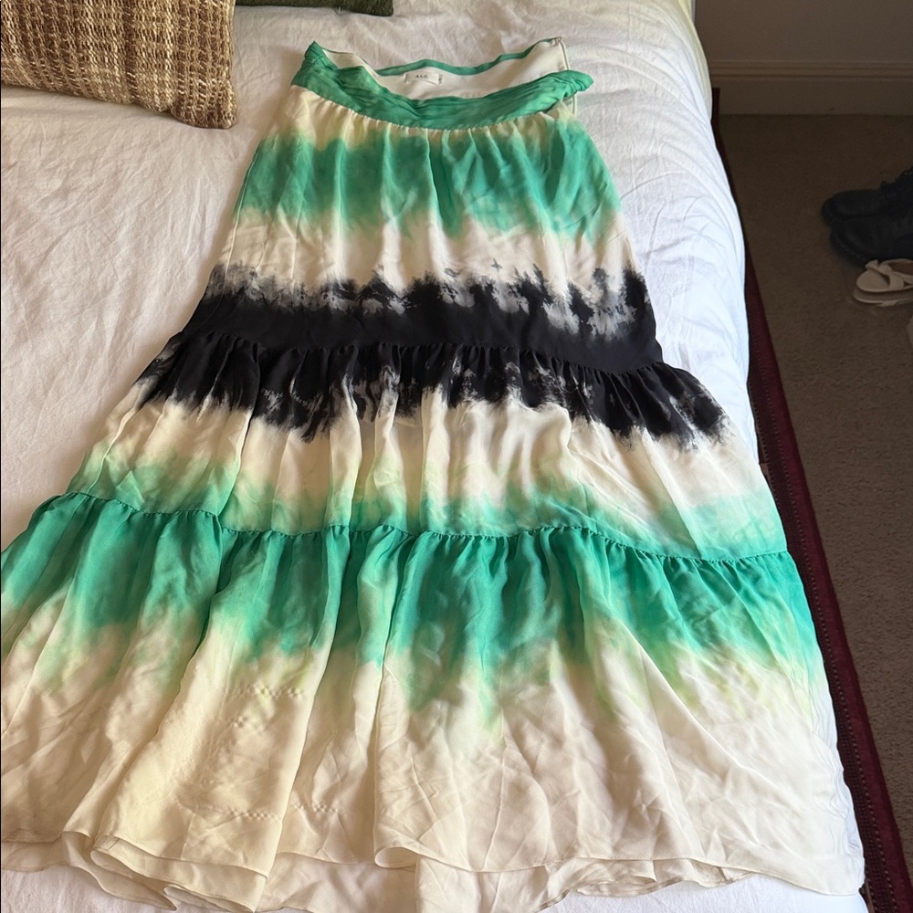 A.L.C. Tiered Maxi Skirt in Green, Black & Cream Tie-Dye 100% Silk